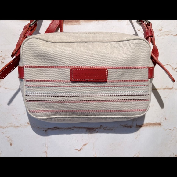 Longchamp Crossbody Canvas White/Red Leather Strap